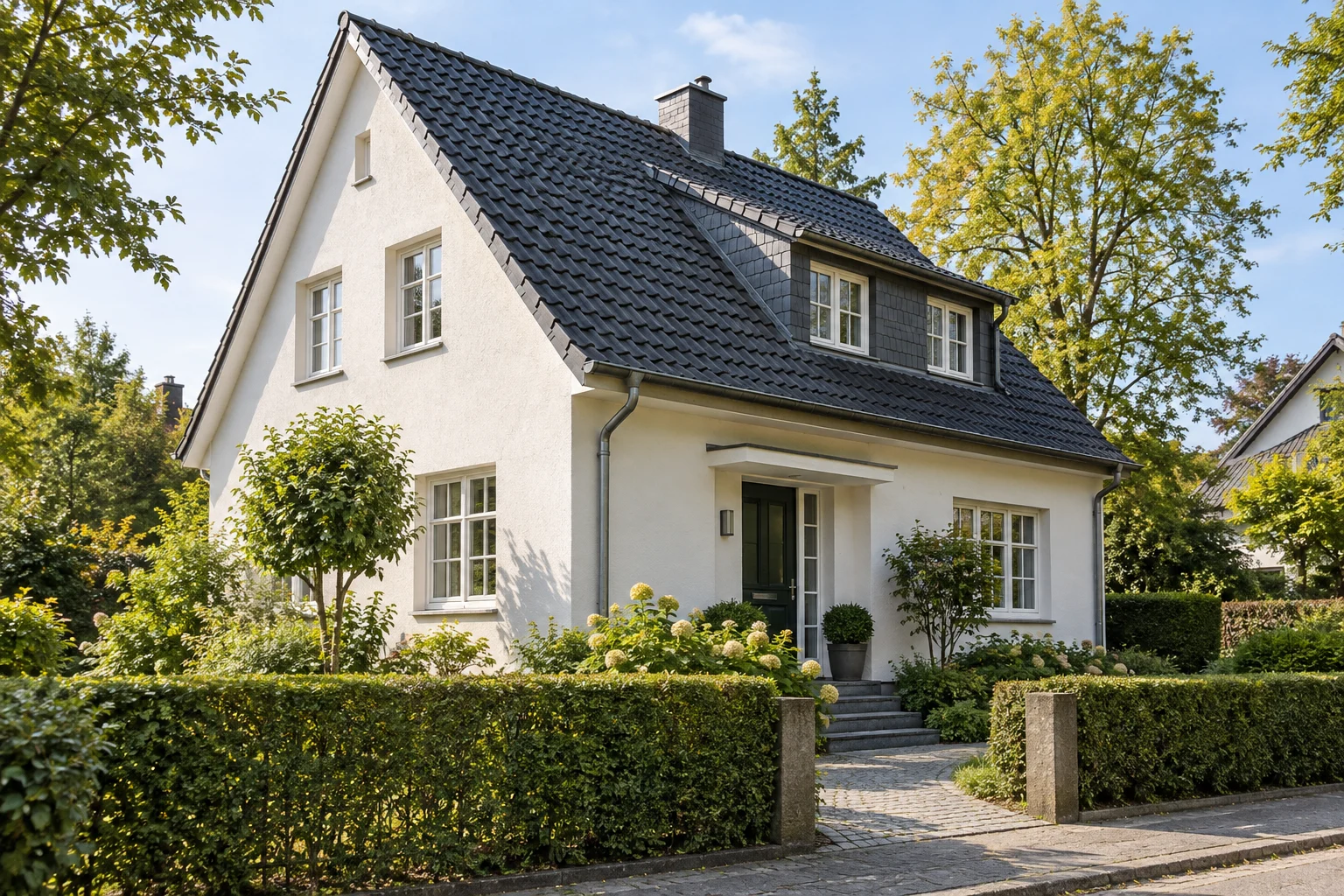 Gepflegtes Wohnhaus mit grünem Vorgarten als Symbol für langfristiges Eigentum und Verkaufsplanung